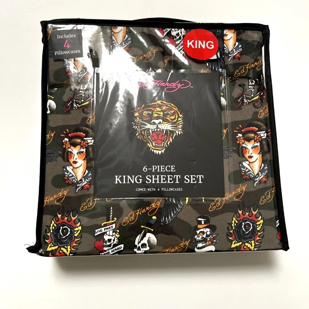 NWT Ed Hardy 6-Piece King Sheet Set Skull Geisha Tattoo Print King Bedding
